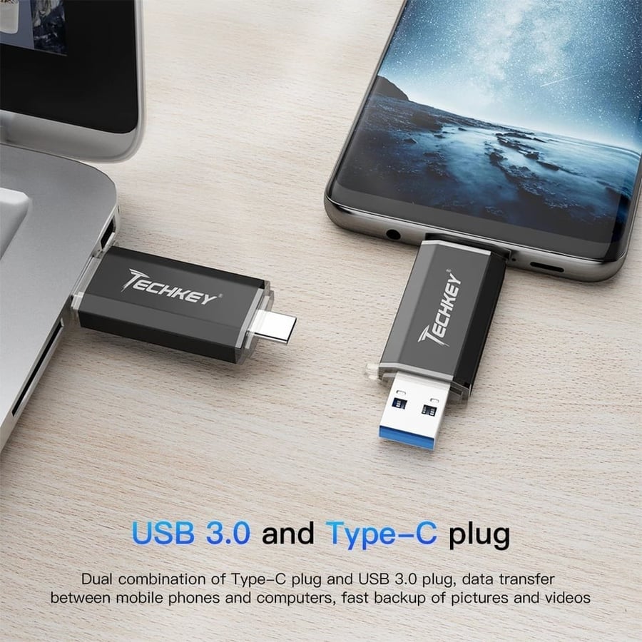 تيكي | فلاش ميموري | جهتين تايب سي وكمبيوتر | سعة كبيرة | 128 جيجا بايت TECHKEY | OTG USB 3.0 USB-C PC | Flash Memory | 128GB