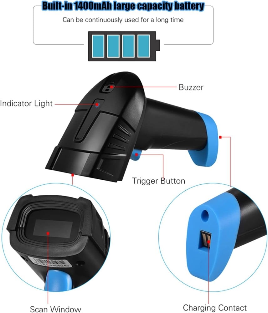 موريليان | ماسح باركود لاسلكي 1D / 2D / QR مع قاعدة شحن ومستقبل USB | مدى 100 متر
