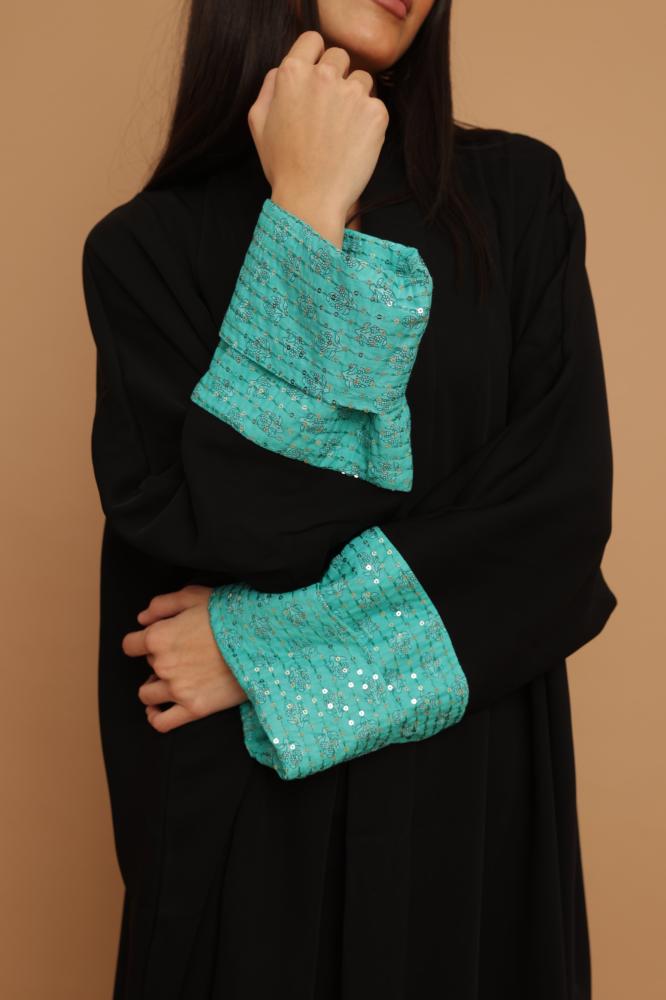 Black Crepe with Turquoise Cotton Sleeves Abaya ~