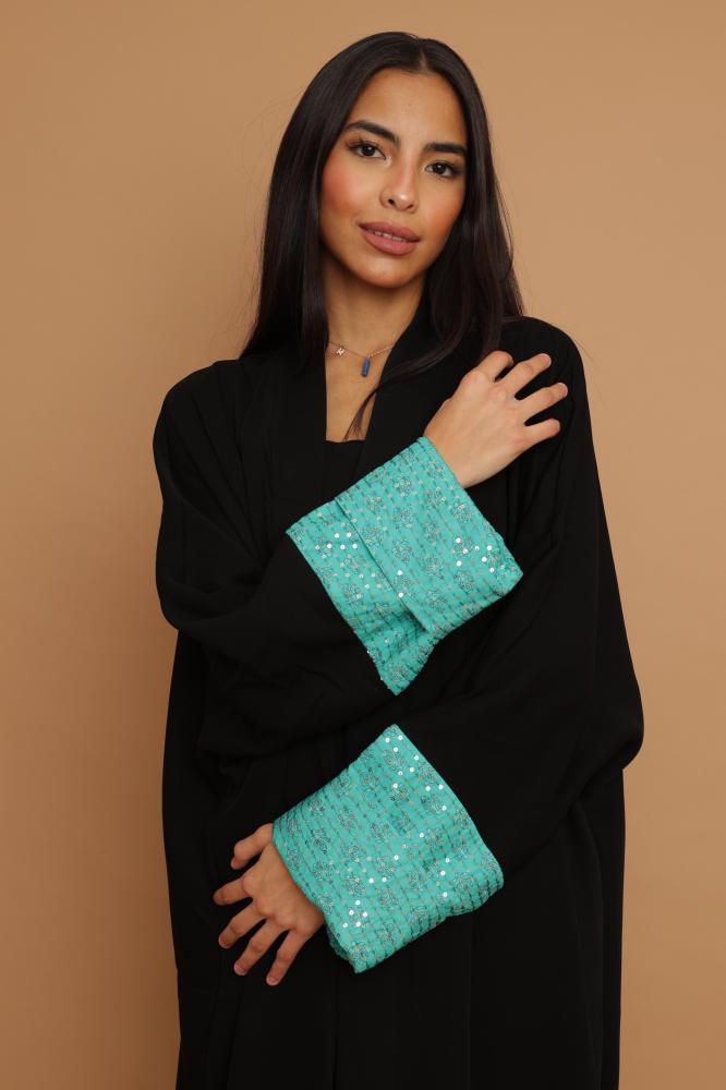 Black Crepe with Turquoise Cotton Sleeves Abaya ~