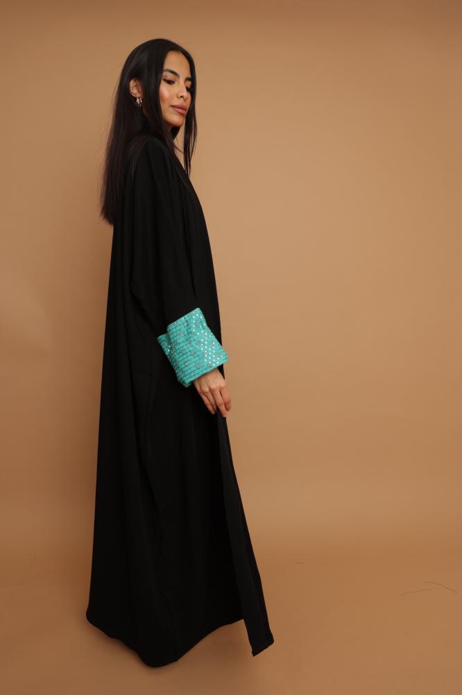 Black Crepe with Turquoise Cotton Sleeves Abaya ~