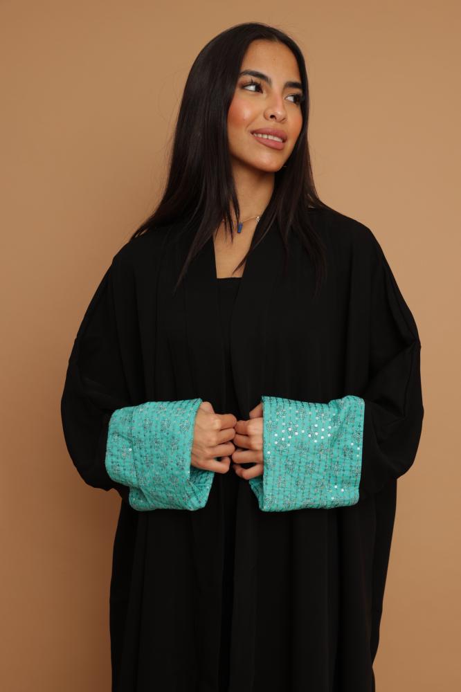 Black Crepe with Turquoise Cotton Sleeves Abaya ~