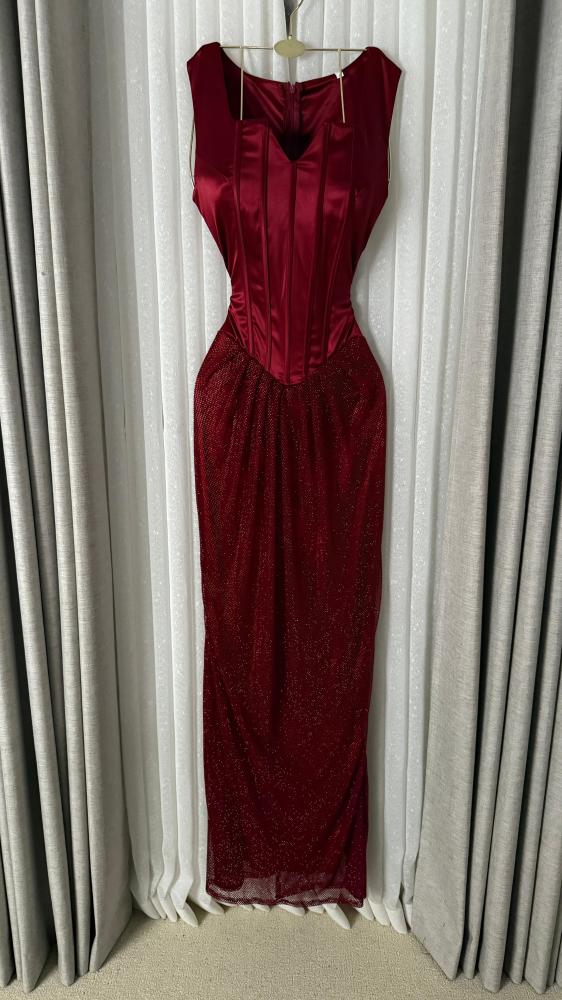 Evening dress with mesh and crystals