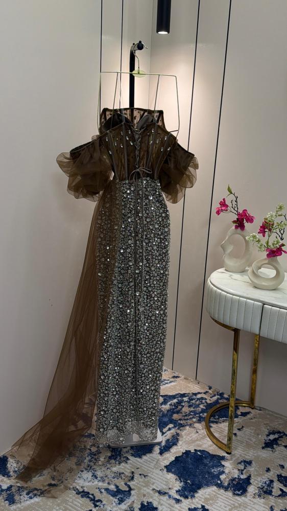 Dress with fringe, tulle, beaded stones, embroidered