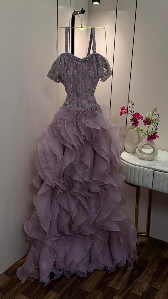 Tulle embroidered dress with pleats