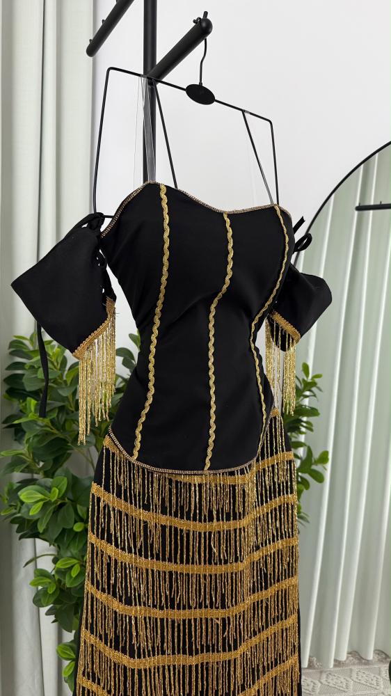 Barbie dress with embroidery, beads, and fringe