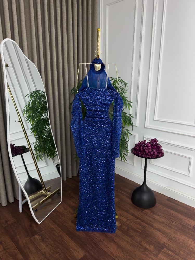 Evening dress with embroidery, beads, and tulle