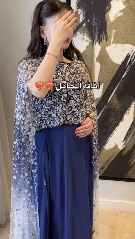 فستان حمل كحلي بلوزة مطرزة وتنورة جورجيت فاخرة 038
