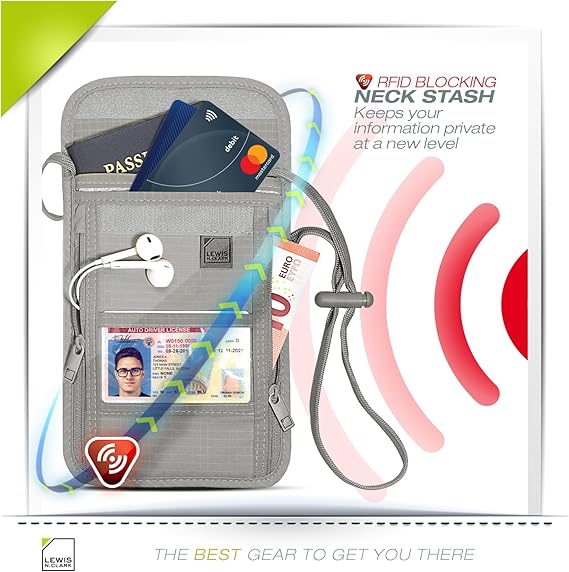 محفظة رقبة مخفية Lewis N. Clark بتقنية RFID | لحفظ الجواز والبطاقات أثناء السفر