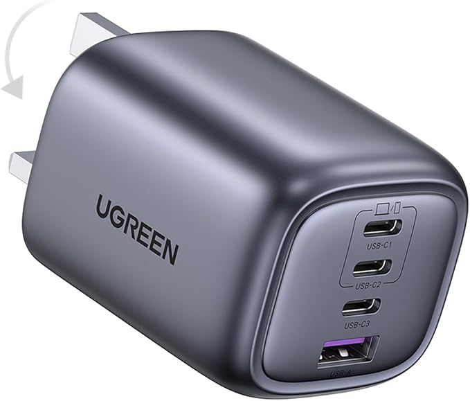 شاحن من يوجرين بمنفذ USB متوافق مع آيفون 17 برو ماكس وسامسونج S25 ألترا وماك بوك، بـ4 منافذ، 65 واط، شحن سريع وشوكة قابلة للطي