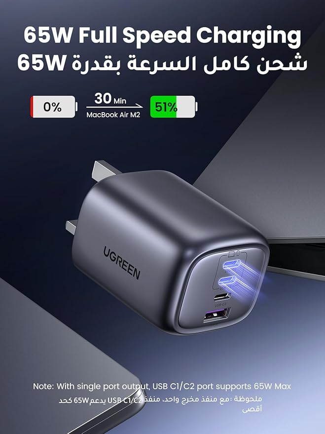 شاحن من يوجرين بمنفذ USB متوافق مع آيفون 17 برو ماكس وسامسونج S25 ألترا وماك بوك، بـ4 منافذ، 65 واط، شحن سريع وشوكة قابلة للطي