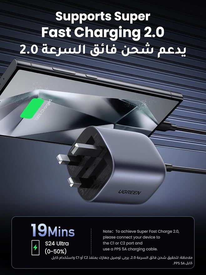 شاحن من يوجرين بمنفذ USB متوافق مع آيفون 17 برو ماكس وسامسونج S25 ألترا وماك بوك، بـ4 منافذ، 65 واط، شحن سريع وشوكة قابلة للطي