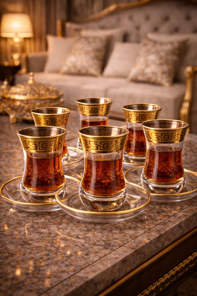 طقم بيالات شاي  تركي فاخر 6 قطع مع الصحون – لمسة ذهبية ترفع الذوق