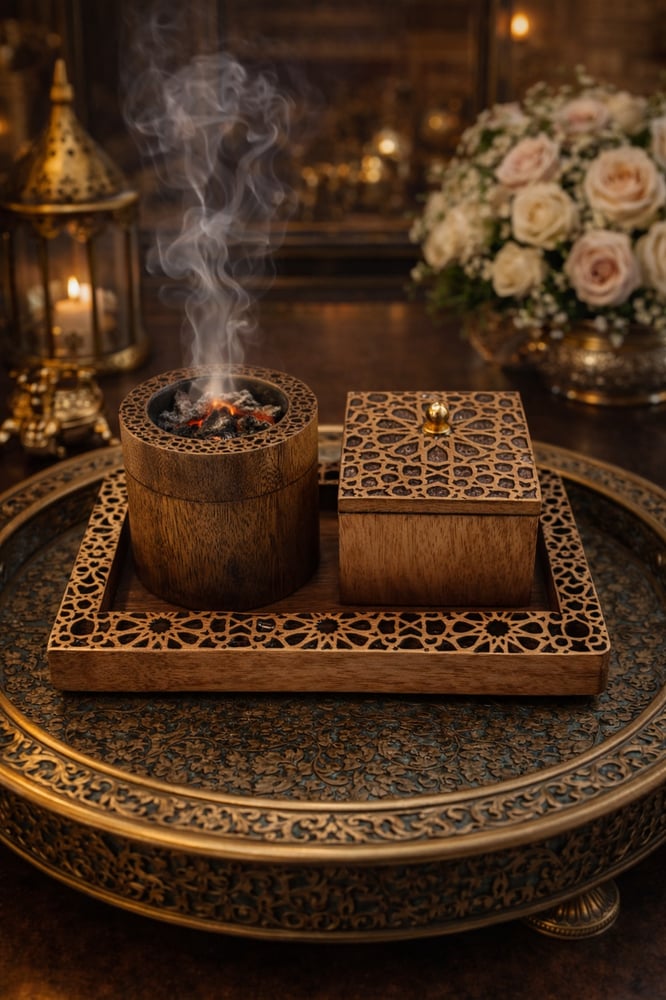 مبخرة  هنديه خشب فاخرة مع صينية – تصميم تراثي أنيق للمجلس