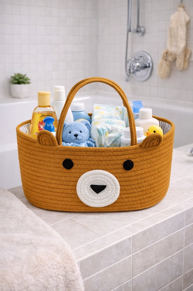 Storage bag, basket, and organizer with "Cute Bear" design, brown