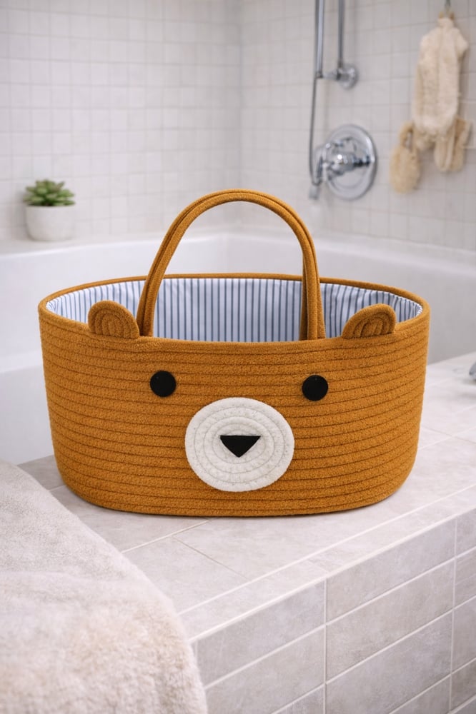 Storage bag, basket, and organizer with "Cute Bear" design, brown