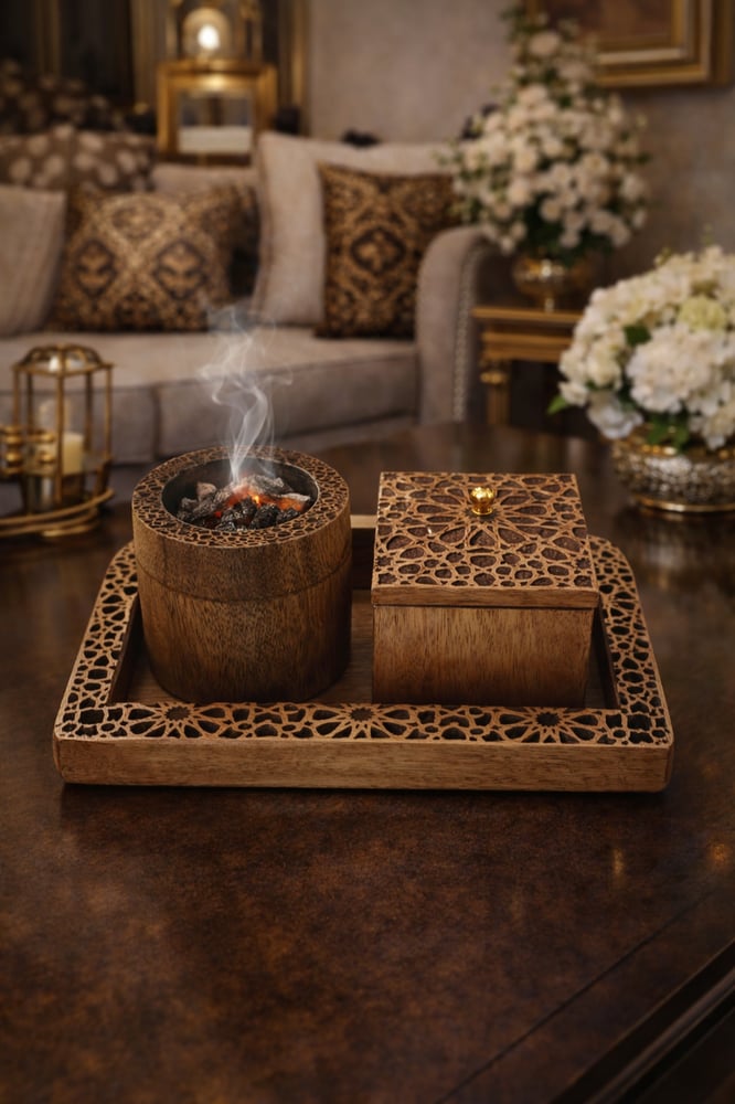 مبخرة  هنديه خشب فاخرة مع صينية – تصميم تراثي أنيق للمجلس