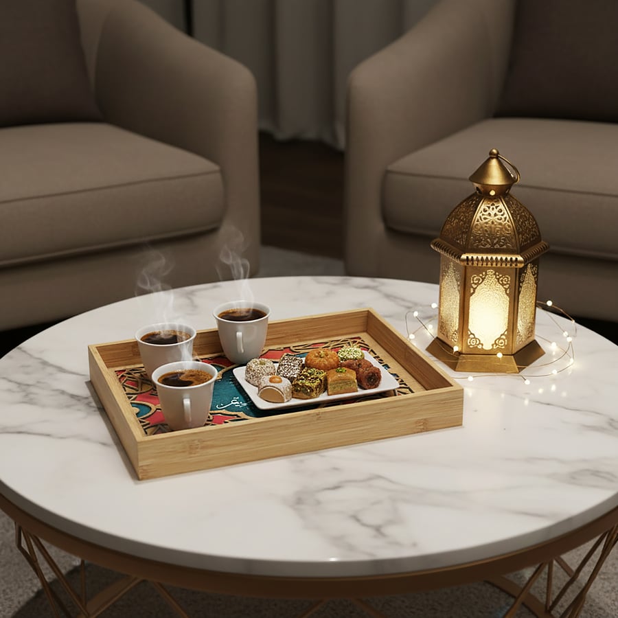 طقم صواني رمضان كريم الخشبية الأنيقة بارضية زجاجية قطعتين