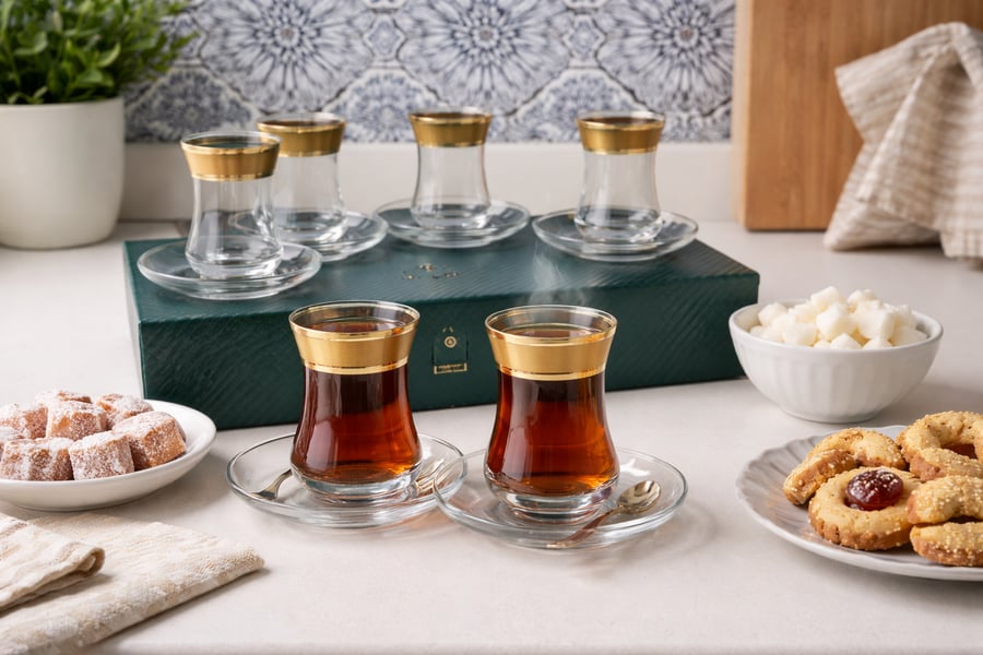 طقم بيالات شاي  تركي فاخر 6 قطع مع الصحون – لمسة ذهبية ترفع الذوق