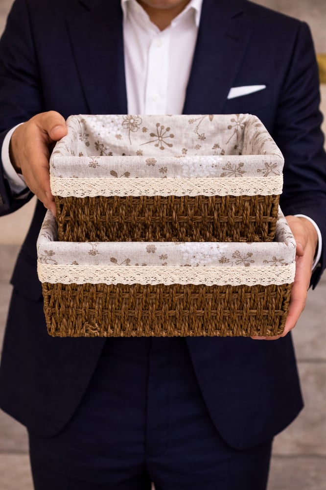 Set of two woven cloth baskets, organize your home with a warm touch