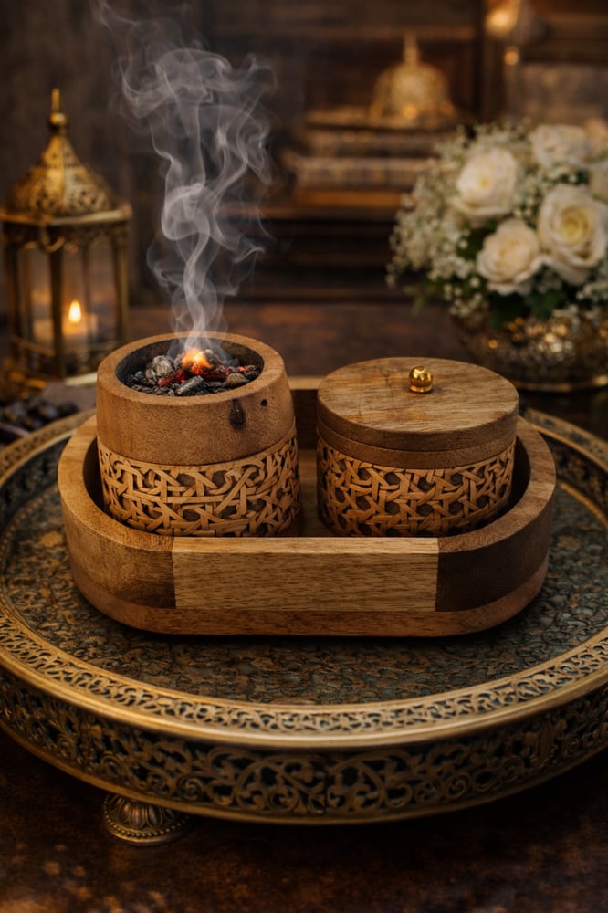 مبخرة  هنديه خشب فاخرة مع صينية – تصميم تراثي أنيق للمجلس