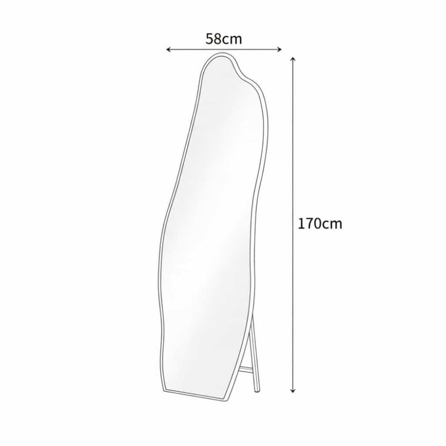 Full floor mirror with a white wooden frame with a wavy design