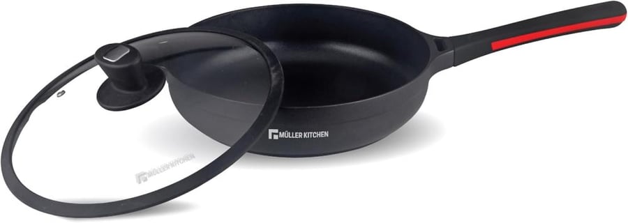Müller Kitchen 28cm Cooking Frying Pan with Glass Lid, Cast Aluminum Body (German Marble Granite Non-Stick Coating Technology), PFOA Free - MK-3028