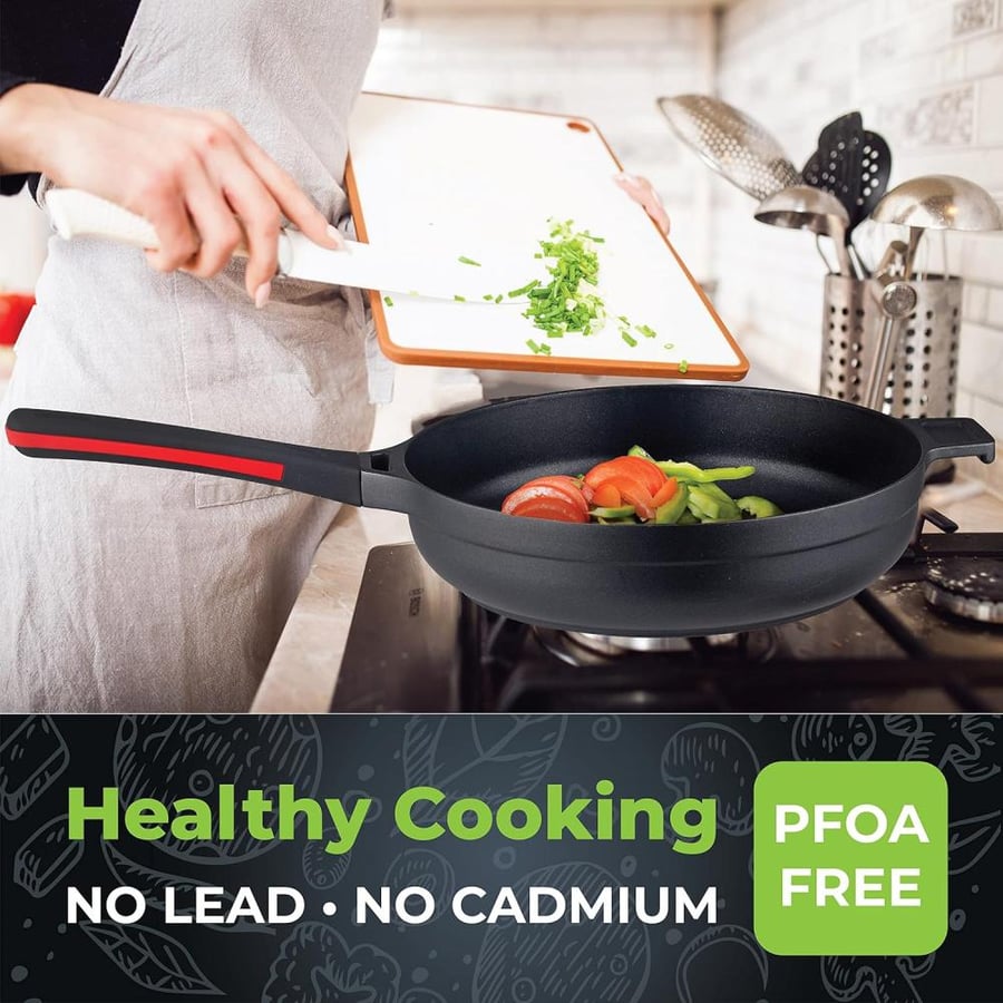 Müller Kitchen 28cm Cooking Frying Pan with Glass Lid, Cast Aluminum Body (German Marble Granite Non-Stick Coating Technology), PFOA Free - MK-3028