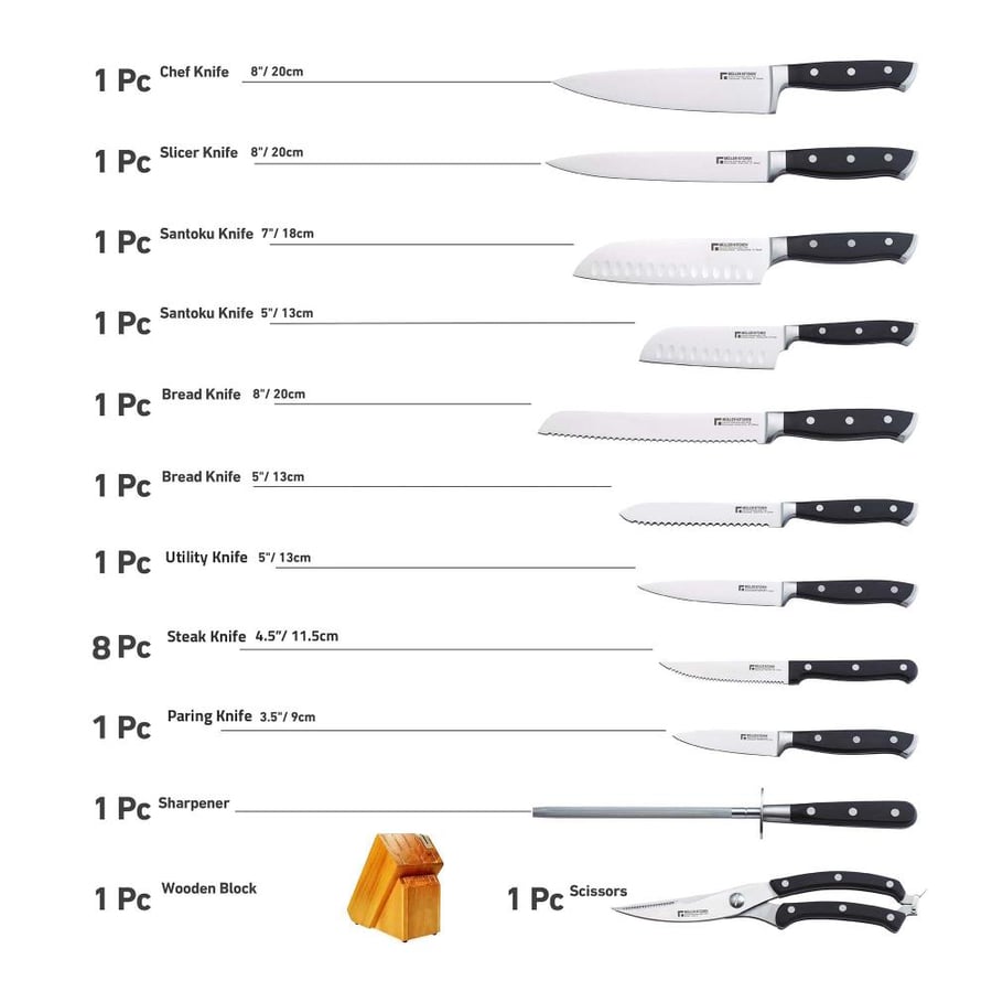 Muller Kitchen 19-Piece Stainless Steel Knife Set with Wooden Base - MK-2819