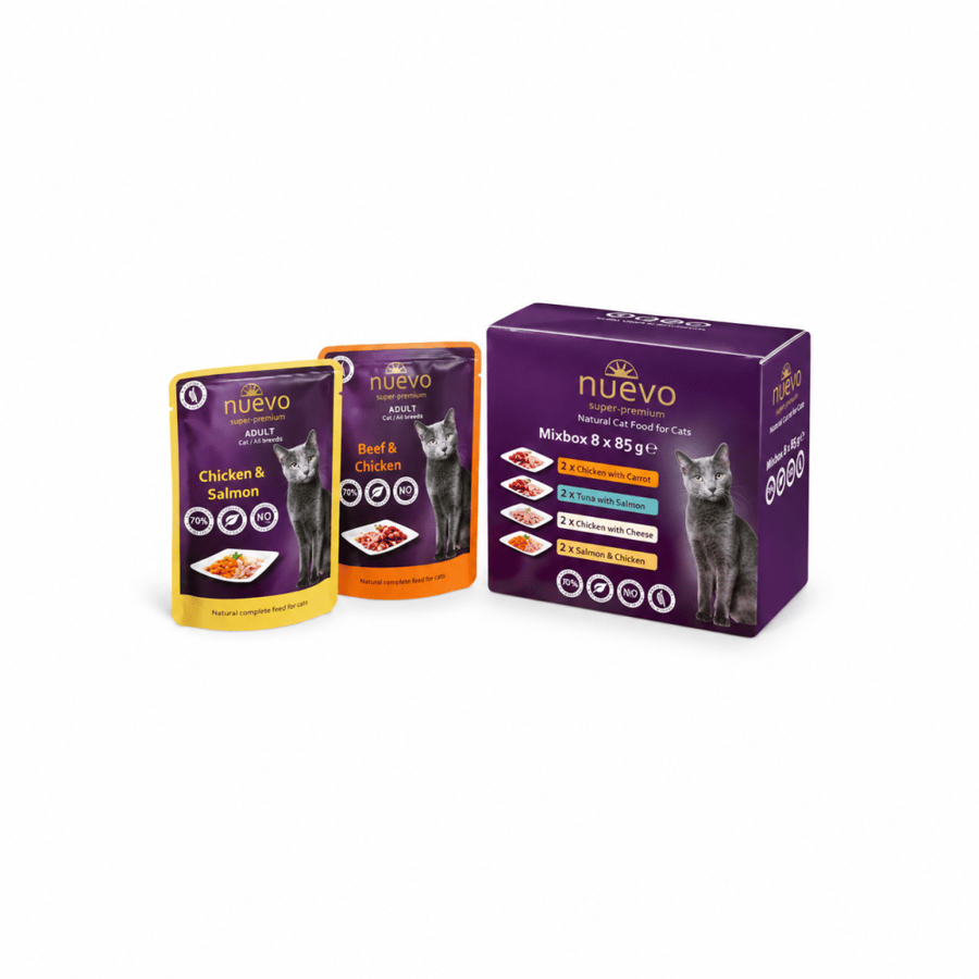 نويفو أدلت بوكس طعام رطب للقطط البالغة مشكل – 8 × 85 جم  Nuevo Super-Premium Adult Multipack Wet Cat Food – 8 × 85g