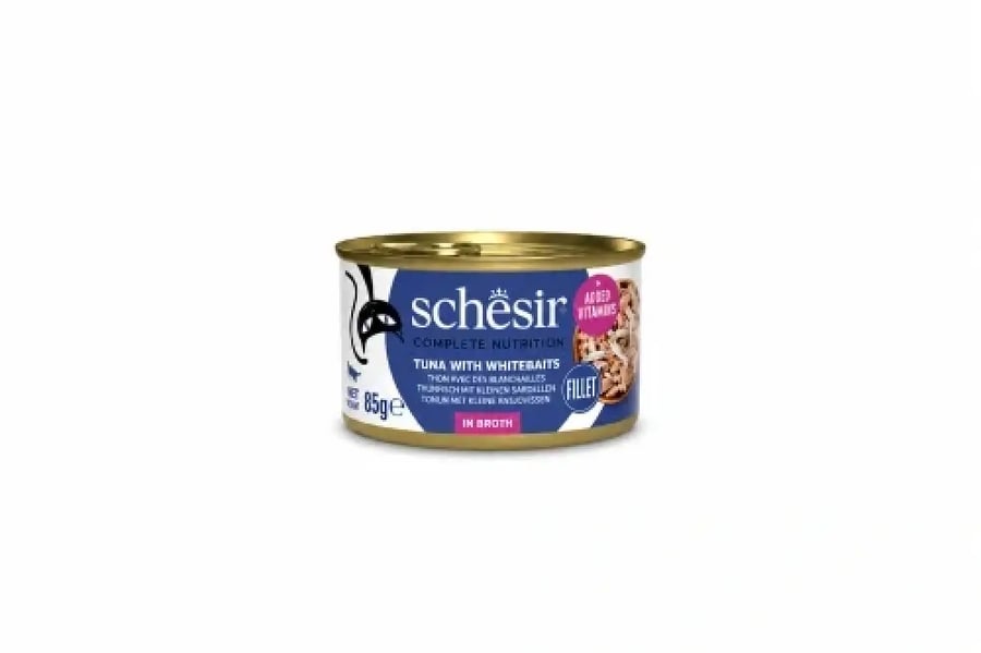 شيزر طعام رطب متكامل للقطط بالتونة مع الأنشوجة في المرق - 85 جم | Schesir Complete Nutrition Tuna with Whitebaits in Broth 85g
