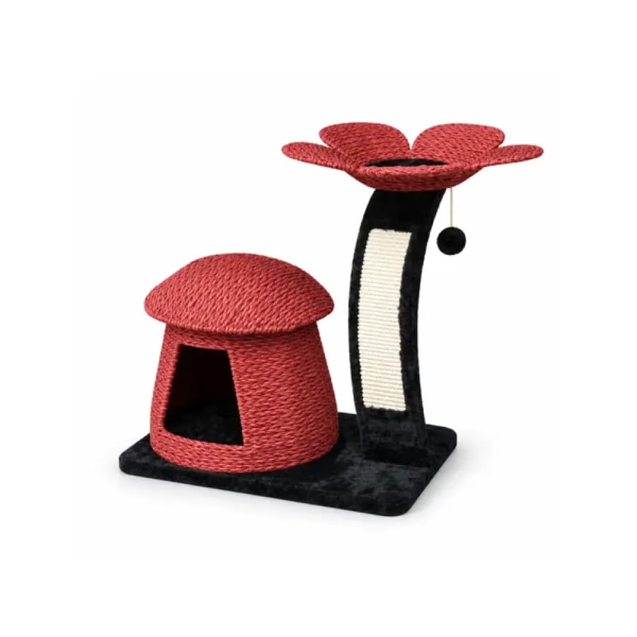 خداشة قطط ببيت فطر ومنصة زهرة Cat scratching post with a mushroom house and flower platform.