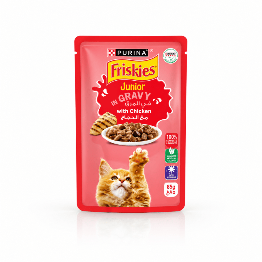 فريسكيس جونيور بالدجاج في المرق 85 جم | Purina Friskies Junior with Chicken in Gravy – طعام رطب للقطط الصغيرة