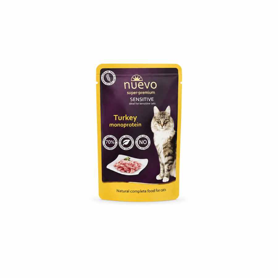 نويفو سينسيتيف طعام رطب للقطط الحساسة بالديك الرومي – 85 جم  Nuevo Super-Premium Sensitive Turkey Monoprotein Wet Cat Food – 85g