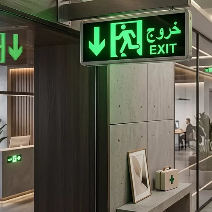لوحة مخرج طوارئ (خروج | Exit ) مع سهم أسفل مضيئة LED باللغتين العربية والانجليزية