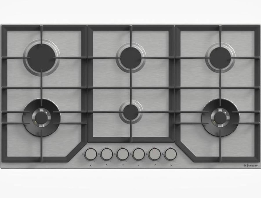 Built-in gas stove Star Way, 6 burners, 90 cm, silver steel color