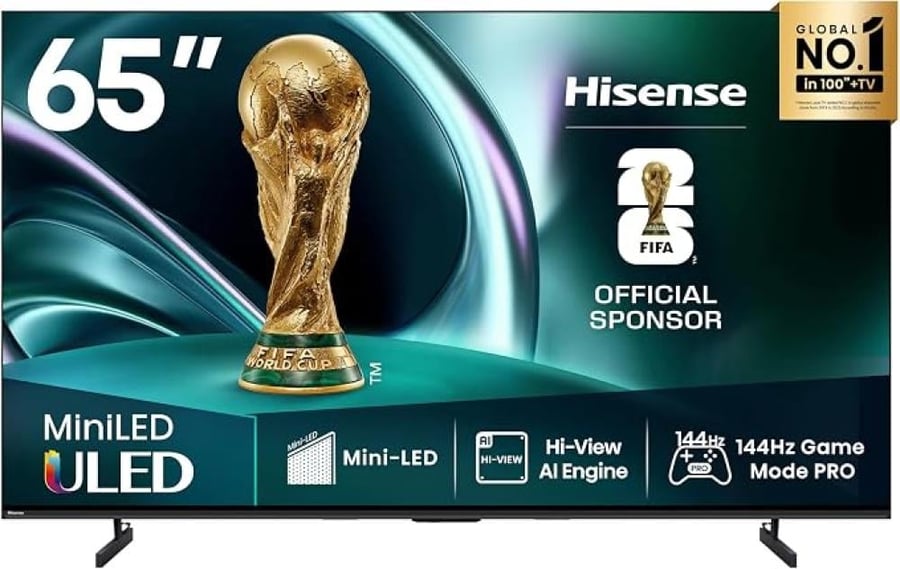 تلفزيون ذكي 65 بوصة من سلسلة U7Q ULED 4K UHD - QLED، أصلي 144 هرتز، 1000 نيت، بتقنية دولبي فيجن اي كيو، تعتيم محلي كامل المصفوفة، وضع الألعاب برو، متوافق مع اليكسا من هايسينس (65U7Q، موديل 2025)