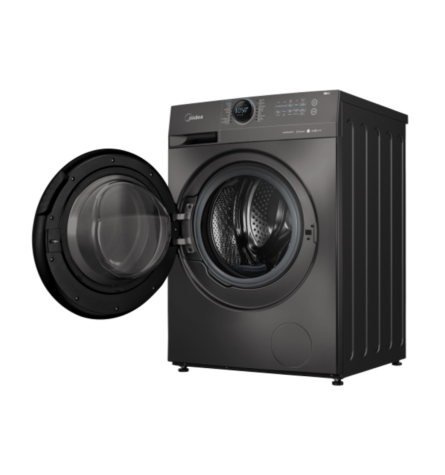 غسالة ملابس أوتوماتيكية أمامية من ميديا باللون الأسود مع باب مفتوح