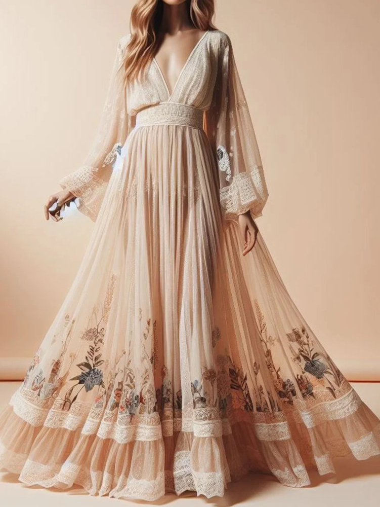 Elegant woman's mesh folded long dress casual bohemian floral print V-neck sexy casual vintage lace maxi dresses evening parties