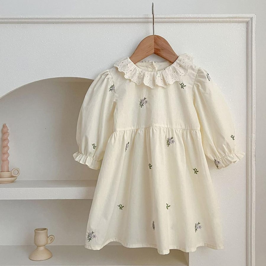 Cotton dress with puffed sleeves for girls, birthday party clothes for children, embroidered floral dresses, elegant, kids, autumn
