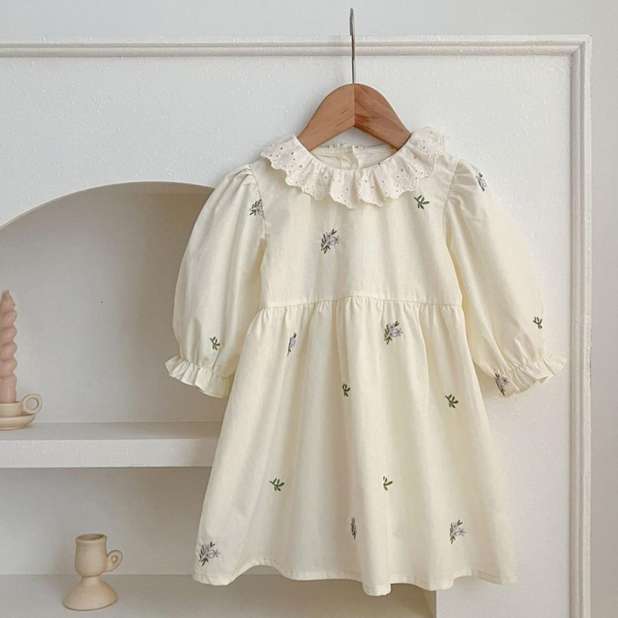 Cotton dress with puffed sleeves for girls, birthday party clothes for children, embroidered floral dresses, elegant, kids, autumn