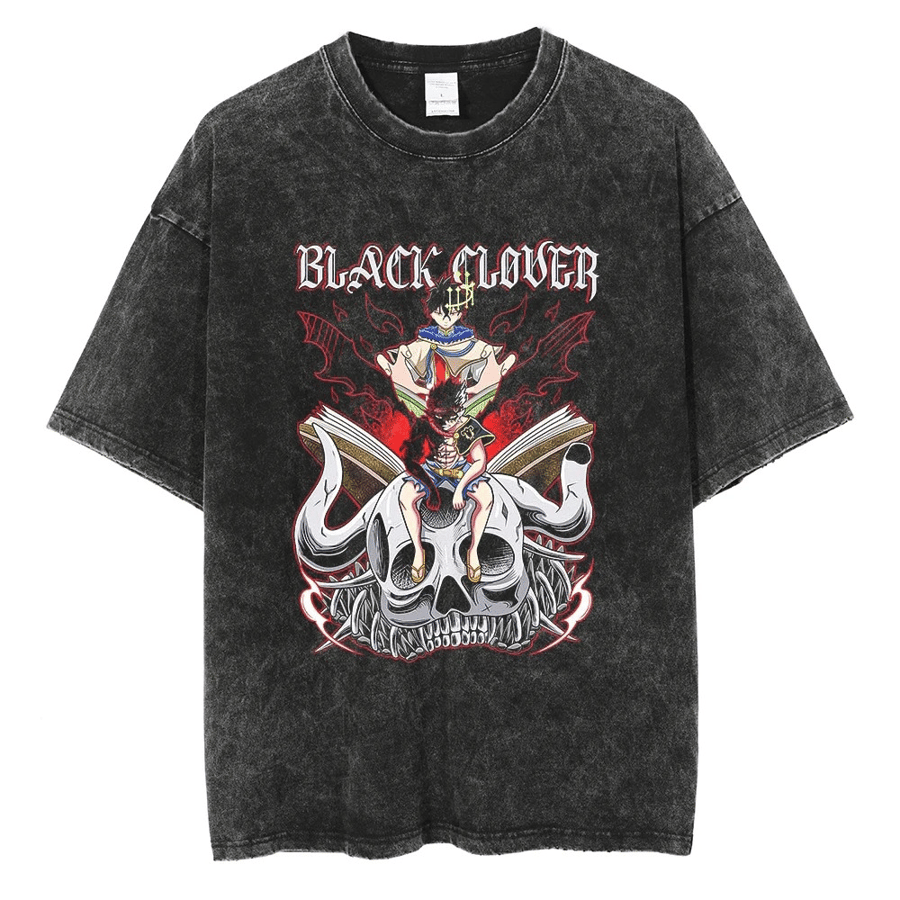 Cotton anime Japanese men's T-shirt, washed black, hanjashoga, summer