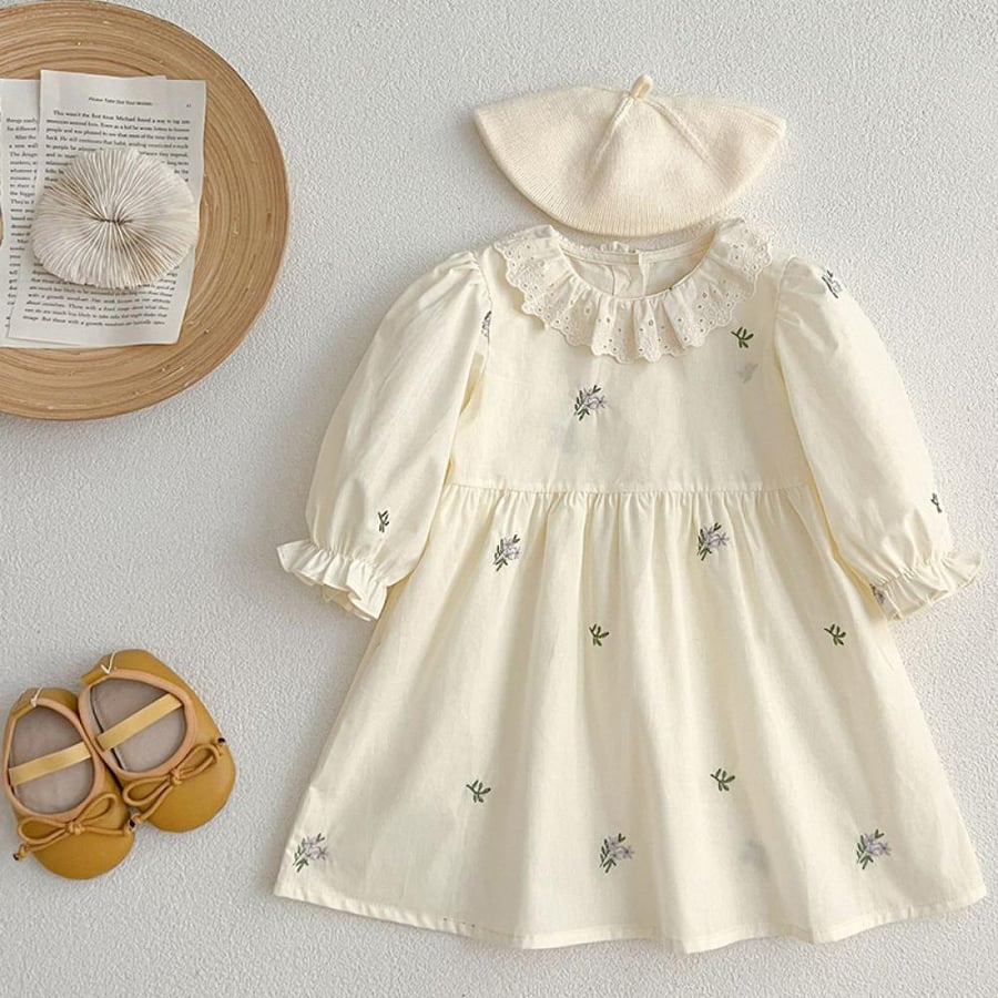 Cotton dress with puffed sleeves for girls, birthday party clothes for children, embroidered floral dresses, elegant, kids, autumn