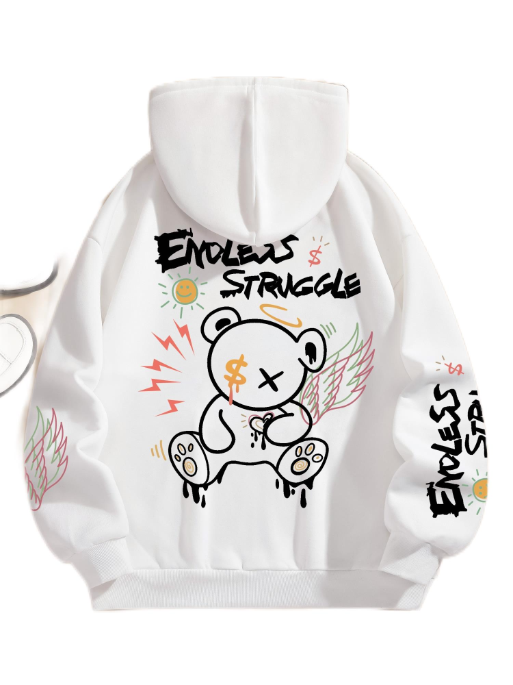 The woman is an endless struggle graffiti bear printed hoodies, loose sweater, warm wool tops, women's clothing, street blouses