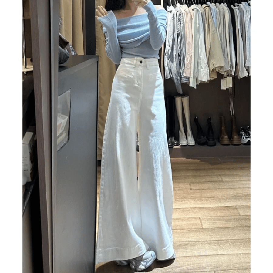 بنطلون جينز نسائي من Whitebell مستقيم الساق ثنيات طويلة فضفاضة تناسب عالية الخصر لخريف 2024 تصميم صيني جديد