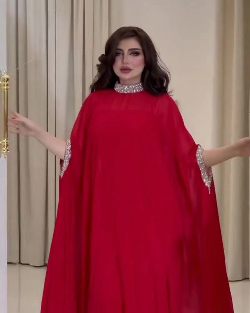 فستان نسائي شيفون طويل مطرز بالترتر ، نصف ياقة عالية ،