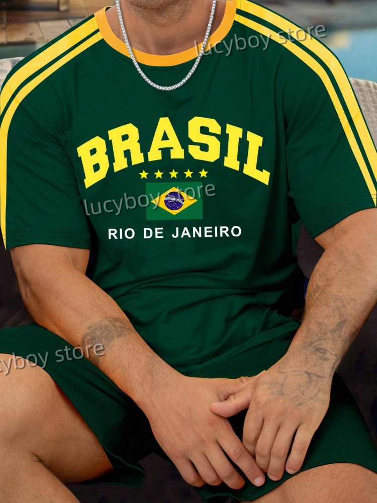 رجل البرازيل تي شيرت مطبوع رجل علم البرازيل قصيرة الأكمام ملابس رياضية كرة القدم تي شيرت خمر كبيرة الحجم مخطط تيز الرجال الملابس
