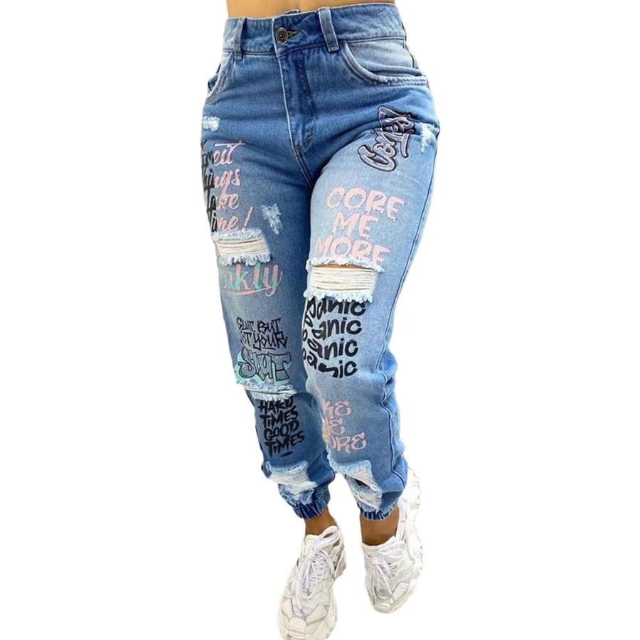 Torn women's jeans with pockets, trendy, distressed holes, regular, slim mid-rise denim pants, straight print style