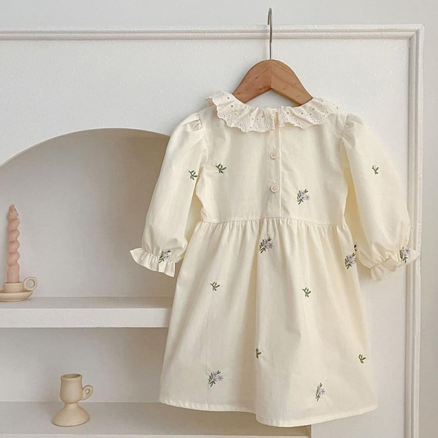 Cotton dress with puffed sleeves for girls, birthday party clothes for children, embroidered floral dresses, elegant, kids, autumn