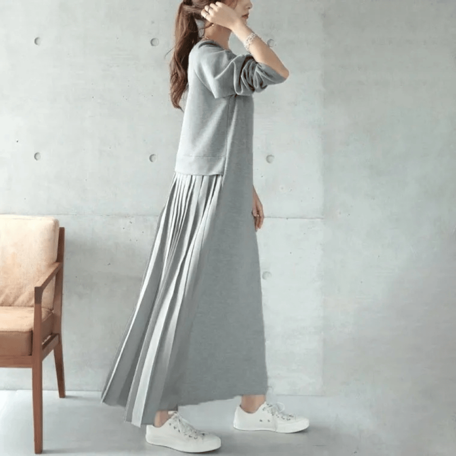 ChicAutumnVintage Korean style loose fit long-sleeve blouses dress, round neck, lace mix, midi dresses, fashion